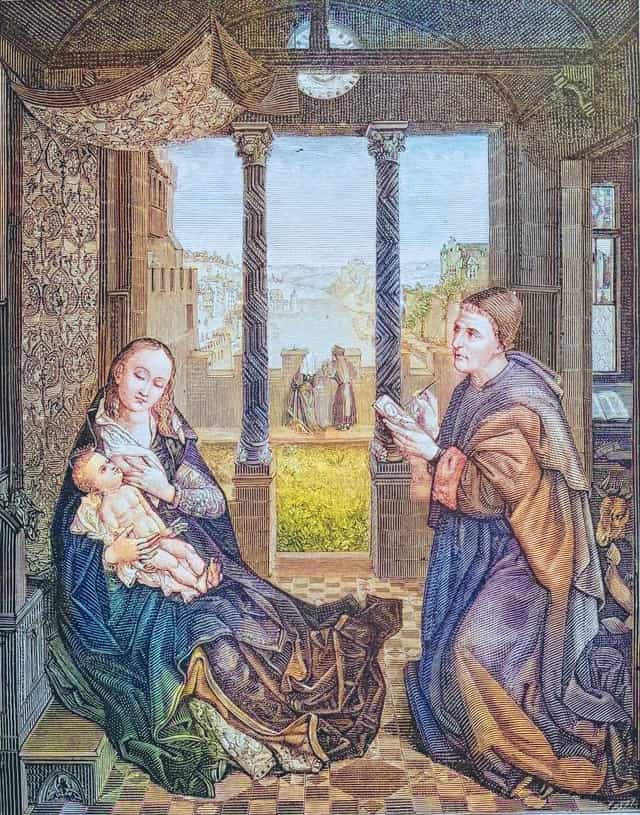 Grabado de San Lucas dibujando a la Virgen - Banco de imágenes católicas