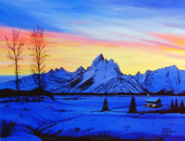 Coucher de soleil sur les Teton en hiver - Images catholiques de stock - Photo de Mike Bennett
