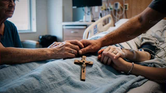 Deux mains en prière devant un crucifix au chevet d’un lit d’hôpital - Images catholiques de stock - Photo de Noemí Márquez
