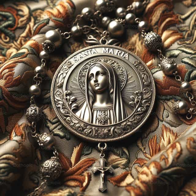 Medalha da Virgem e do Rosário - Imagens católicas de stock