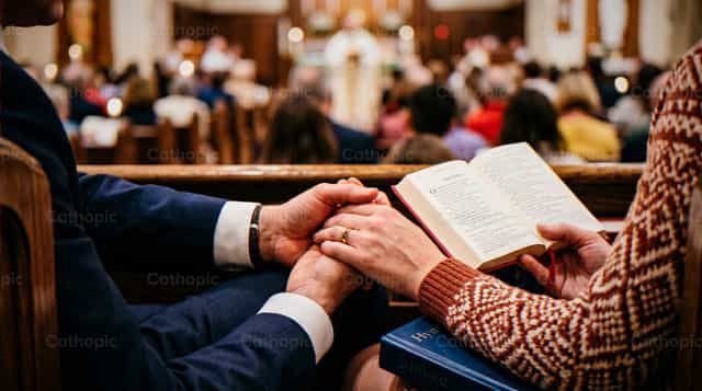 Stel dat samen bidt in de kerk tijdens de dienst - Katholieke stockfoto's