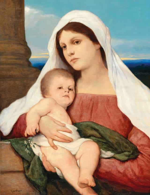 Madonna und Kind in einer offenen Landschaft - Katholische Stockfotos