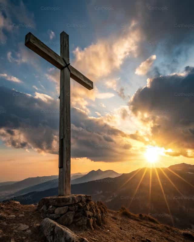 Croix en bois avec lumière éclatante - Images catholiques de stock - Photo de God Designer