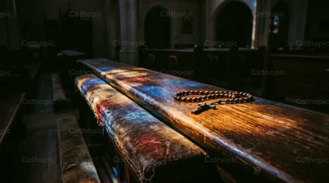 Banc en bois avec chapelet dans une lumière dorée - Images catholiques de stock - Photo de Noemí Márquez