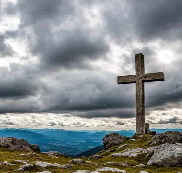 Présence divine : croix de pierre au sommet d’une montagne - Images catholiques de stock