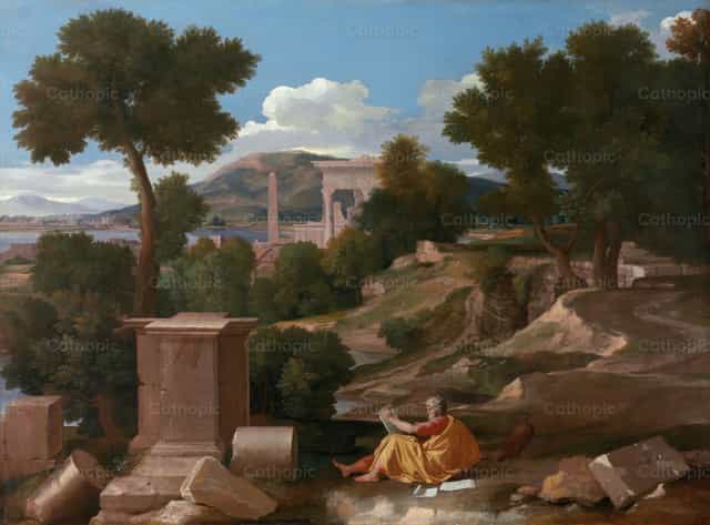 Paysage avec saint Jean à Patmos - Images catholiques de stock - Photo de Restored Christian Art