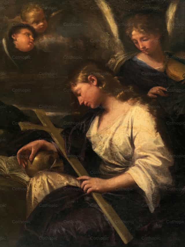 Pokutująca Maria Magdalena z aniołem grającym na skrzypcach w tle - Katolickie zdjęcia stockowe