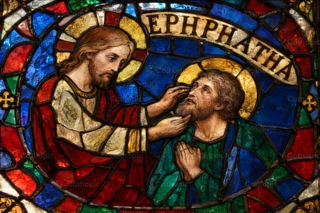 Effatá! Jesus curando o surdo-mudo. - Imagens católicas de stock