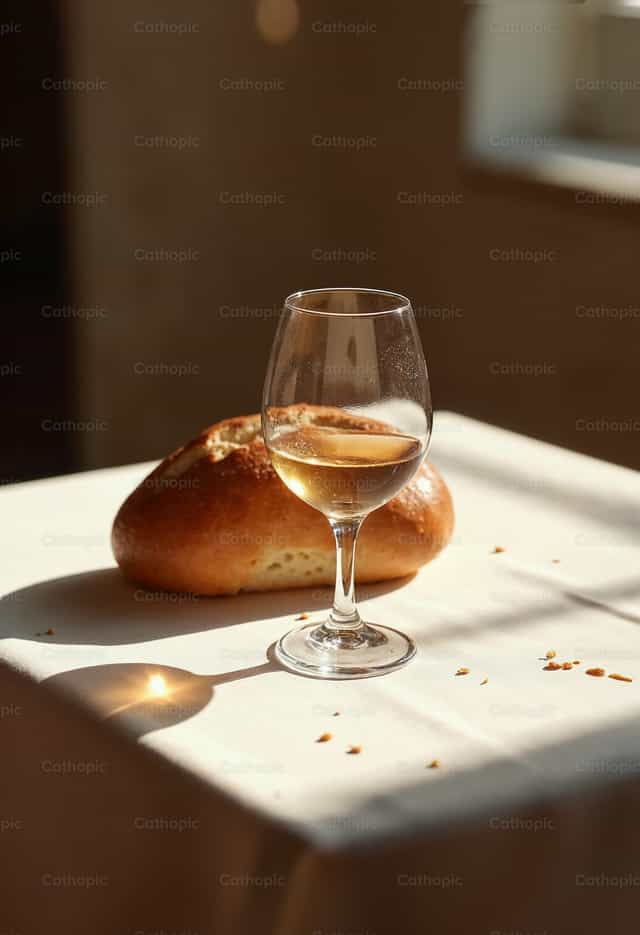 Pane e vino al tramonto - Immagini stock cattoliche