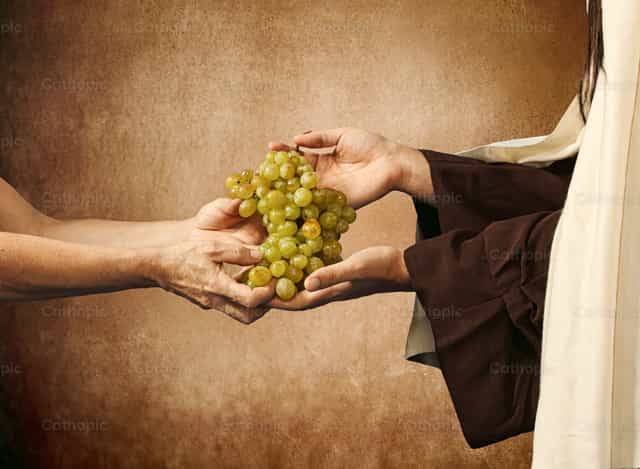Jesus gibt einem Bettler Trauben - Katholische Stockfotos
