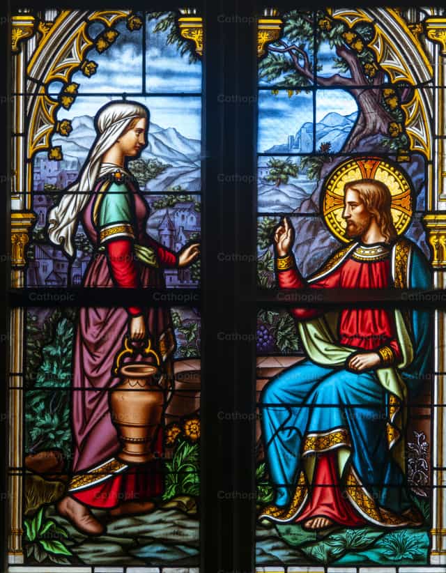 Vidriera que representa a Jesús y a la mujer samaritana - Banco de imágenes católicas - Fotografía por Joan Sutter
