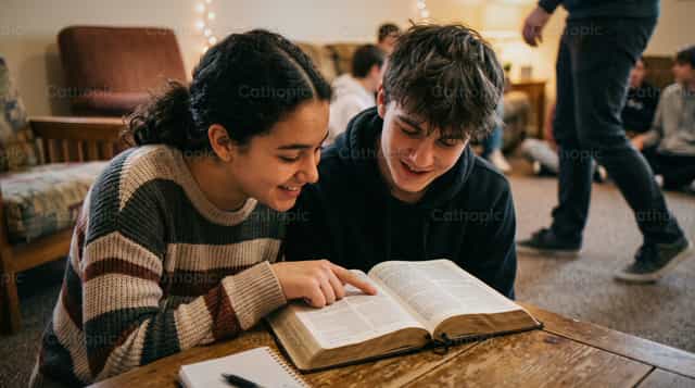 Mga kabataang nag-aaral ng Bibliya nang magkakasama - Mga Catholic stock image - Larawan ni Noemí Márquez