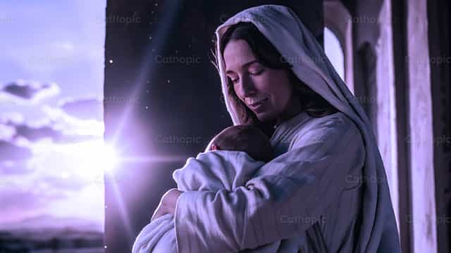 O abraço que mudou a história: Maria e Jesus - Imagens católicas de stock