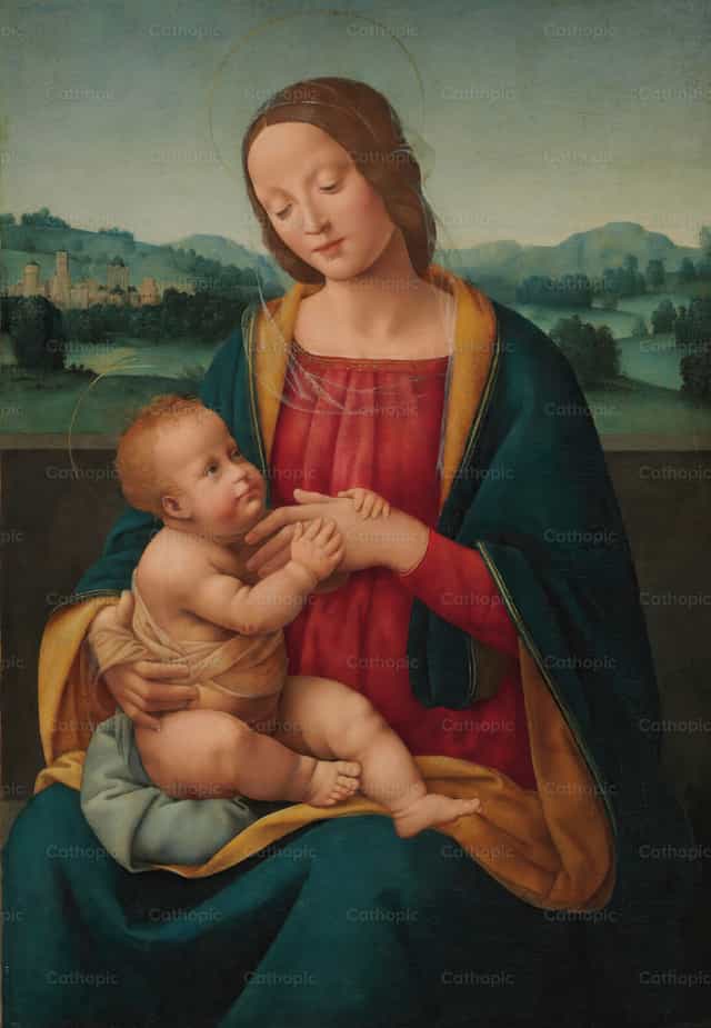 La Madonna col Bambino davanti a un paesaggio - Immagini stock cattoliche - Foto di Restored Christian Art