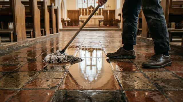 Person wischt den Kirchenboden - Katholische Stockfotos