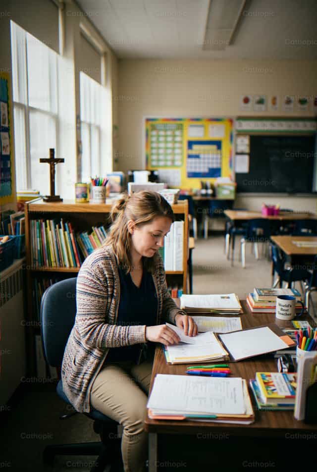 Enseignante préparant du matériel dans une salle de classe catholique - Images catholiques de stock - Photo de Enma Bastidas