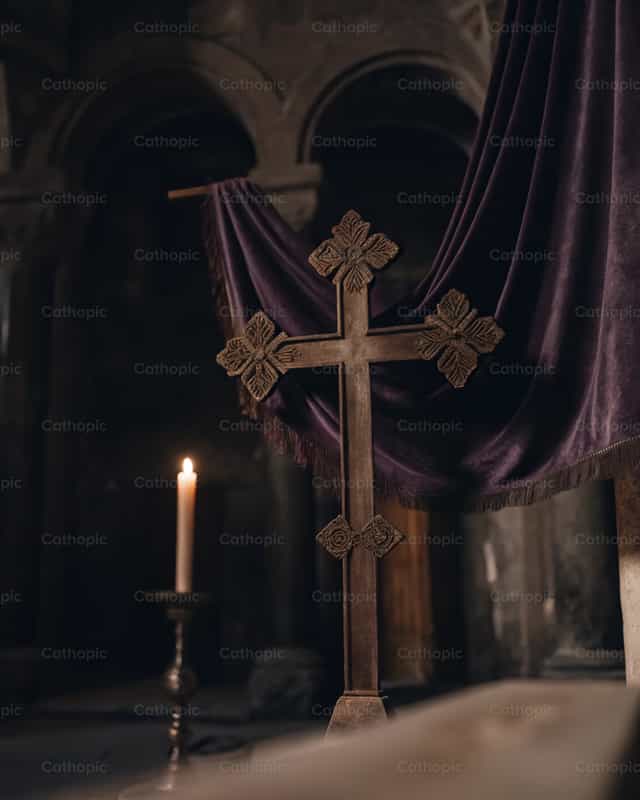 Kereszt egy ókori templomban lila miseruhával - Katolikus stockképek