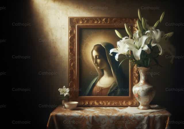 Peinture enluminée de la Vierge sur une nappe - Images catholiques de stock