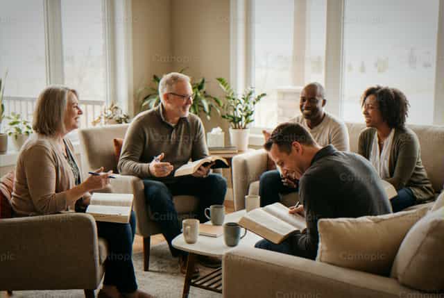 Gruppo intergenerazionale di studio biblico in un ambiente domestico luminoso - Immagini stock cattoliche - Foto di Noemí Márquez