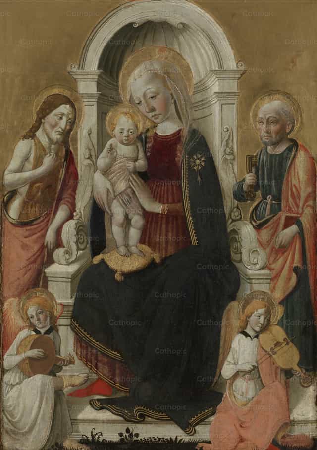 Ang Birhen at ang Sanggol kasama si San Juan Bautista, San Pedro, at dalawang anghel na tumutugtog ng musika - Mga Catholic stock image