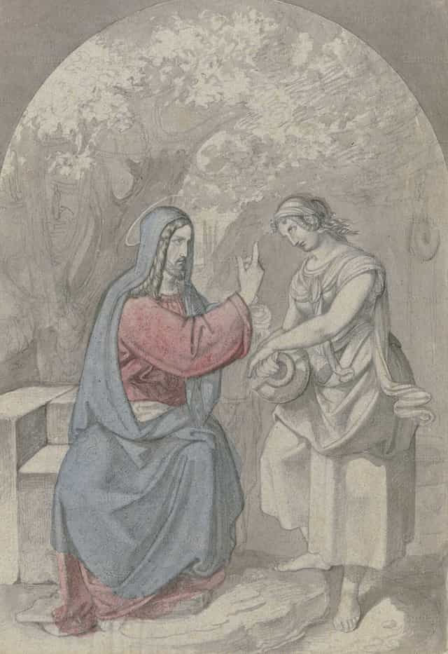 Cristo e a mulher samaritana junto ao poço - Imagens católicas de stock