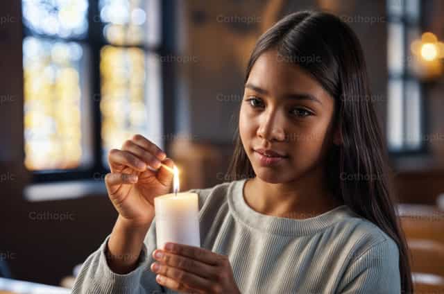 Jovem acendendo uma vela na igreja - Imagens católicas de stock