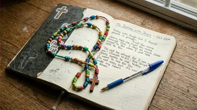 Chapelet et journal avec un stylo sur une table en bois - Images catholiques de stock
