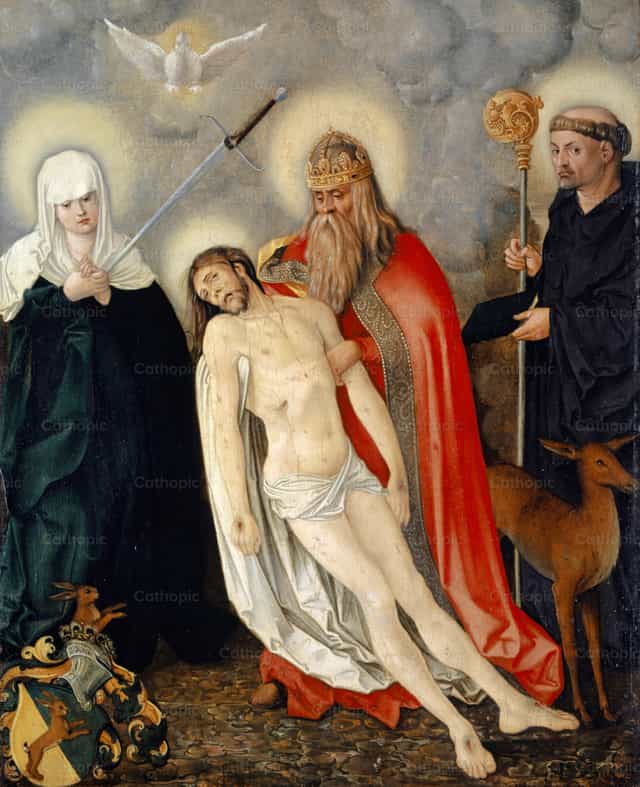 Trójca Święta między Matką Bożą Bolesną a św. Idzim - Katolickie zdjęcia stockowe - Zdjęcie: Restored Christian Art
