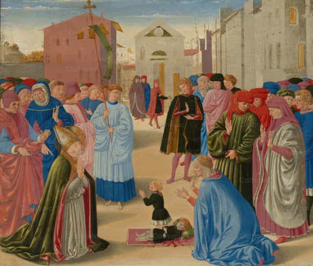 Santos Nicolás de Tolentino, Roque, Sebastián y Bernardino de Siena, con donantes arrodillados - Banco de imágenes católicas - Fotografía por Restored Christian Art