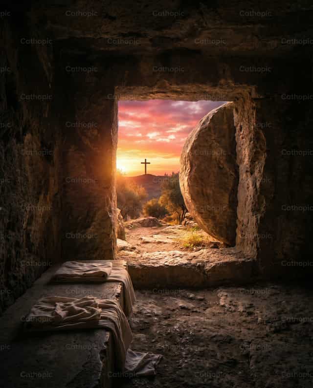 Tumba vacía con la cruz al atardecer - Banco de imágenes católicas - Fotografía por Noemí Márquez