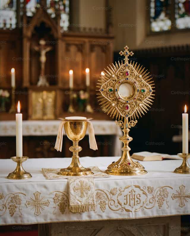 Cáliz y ostensorio sobre altar - Banco de imágenes católicas