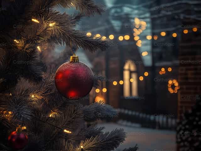 Albero di Natale - decorazioni rosse e luci - Immagini stock cattoliche