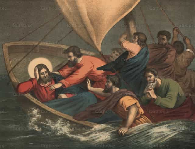 Jezus śpi podczas burzy na Jeziorze Galilejskim - Katolickie zdjęcia stockowe - Zdjęcie: Restored Christian Art