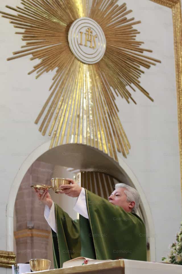 Padre Alejandro Reyes MSpS na Apresentação das Oferendas - Imagens católicas de stock