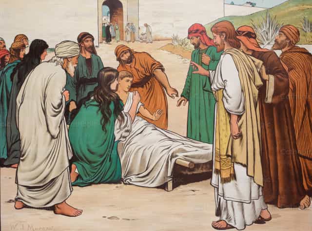 "Colui che era morto si alzò e cominciò a parlare" - Immagini stock cattoliche