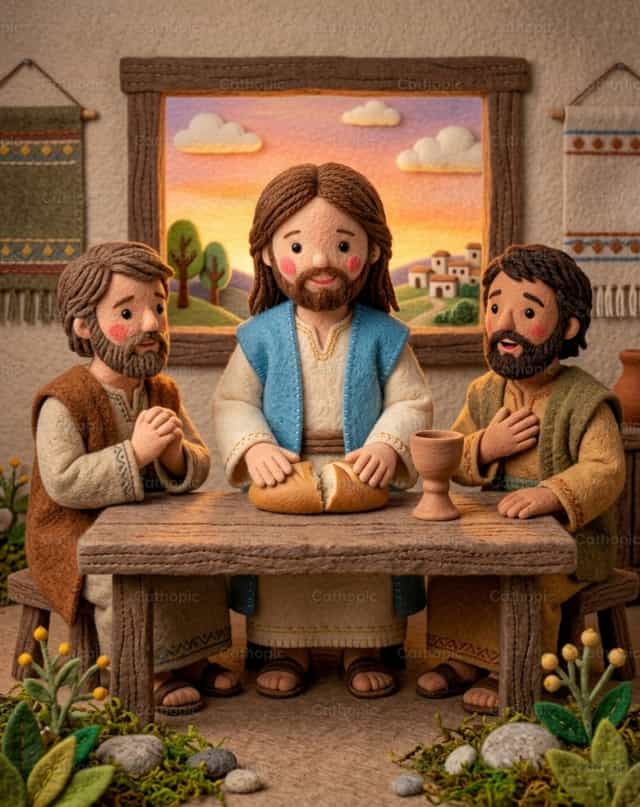 Jesus e os discípulos de Emaús - Imagens católicas de stock