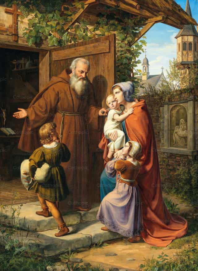 Si Santa Isabel, landgravine ng Thuringia, na tumatakas mula sa Wartburg, ay nakatagpo ng kanlungan sa isang ermitanyo - Mga Catholic stock image