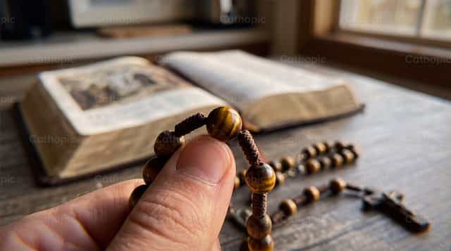 Mãos segurando um rosário sobre uma Bíblia aberta com uma vela - Imagens católicas de stock