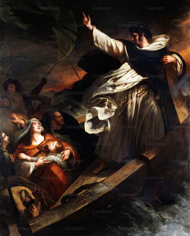 Santo Tomás de Aquino predicando la confianza en Dios durante la tormenta - Banco de imágenes católicas