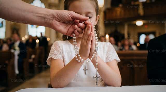 Main d’un adulte tenant un chapelet pour une fille de première communion - Images catholiques de stock