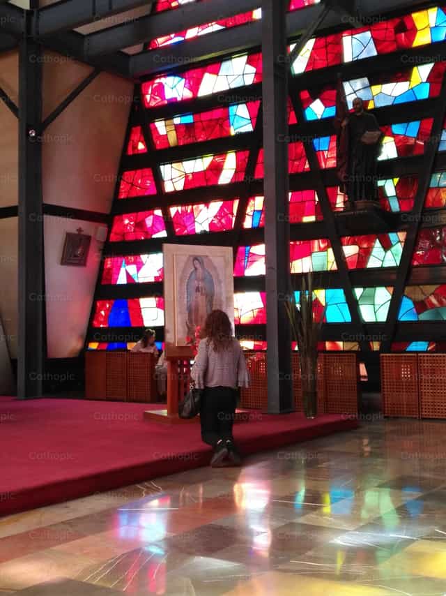 Woman praying before an image of the Virgin of Guadalupe - Catholic stock images