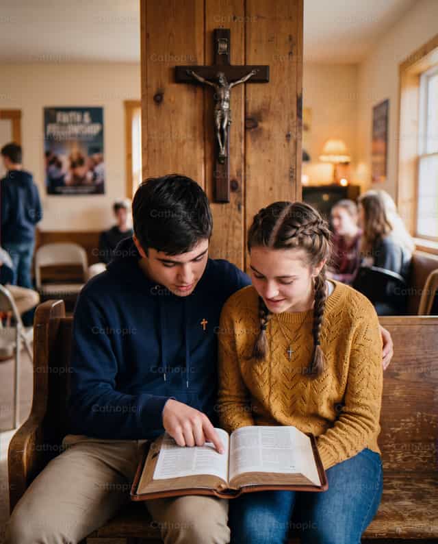 Una giovane coppia che studia la Bibbia insieme su una panchina - Immagini stock cattoliche