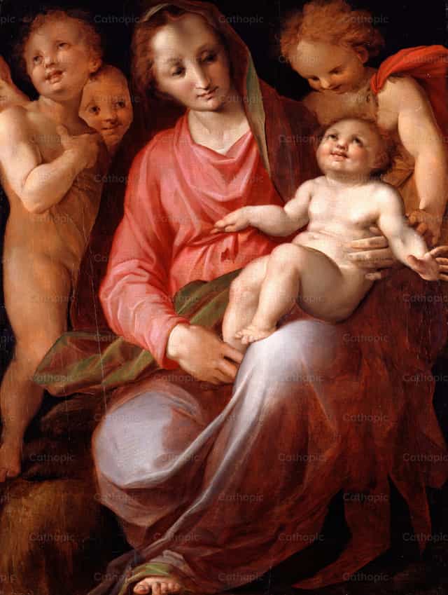 Madonna met Kind en het kind Johannes - Katholieke stockfoto's