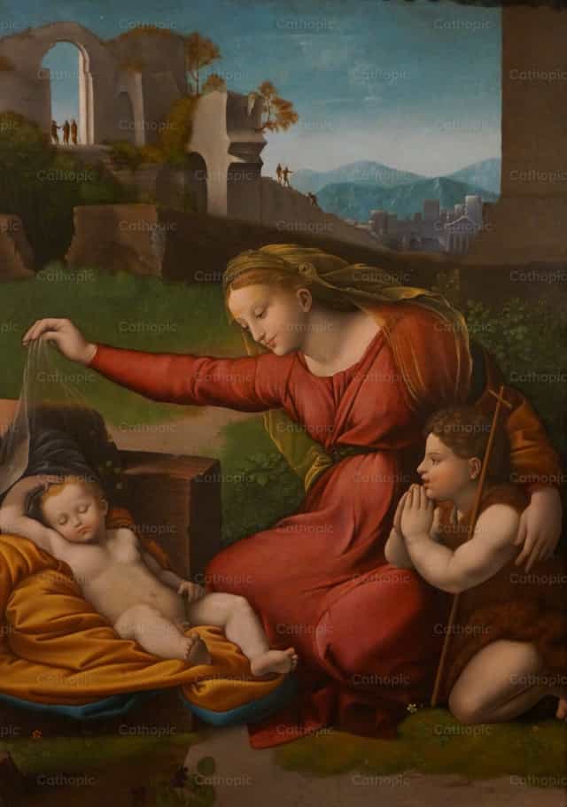 Painting of the Virgin Mary, Jesus and John - Catholic stock images