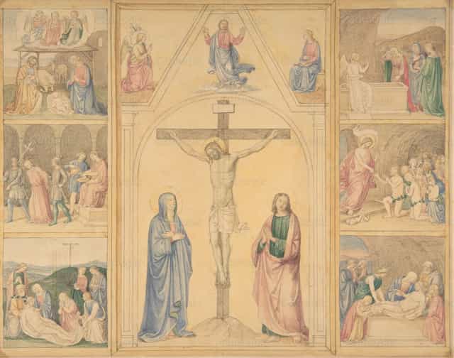Christus aan het kruis met zes scènes uit het leven - Katholieke stockfoto's