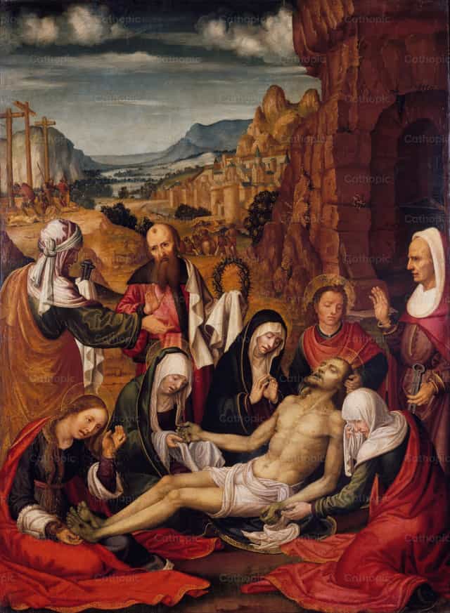 Deuil devant le corps mort du Christ - Images catholiques de stock