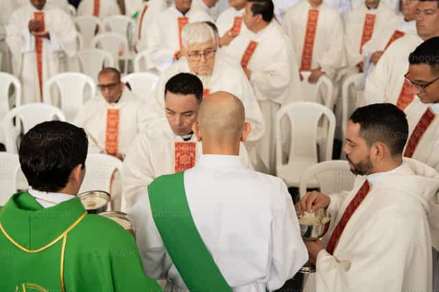 Sacerdote distribuindo a Comunhão - Imagens católicas de stock