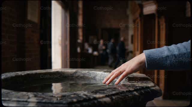 Main touchant le bénitier dans une église médiévale - Images catholiques de stock - Photo de Noemí Márquez