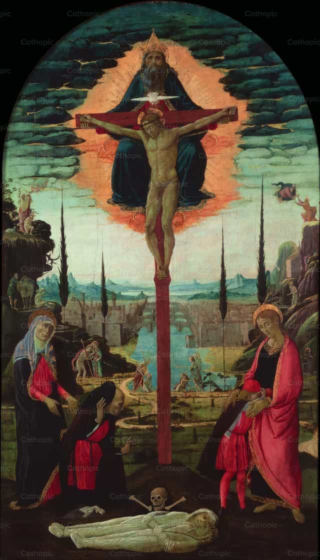 奉献祭坛画：圣三、圣母、圣若望和捐赠者 - 天主教图库图片 - 摄影： Restored Christian Art
