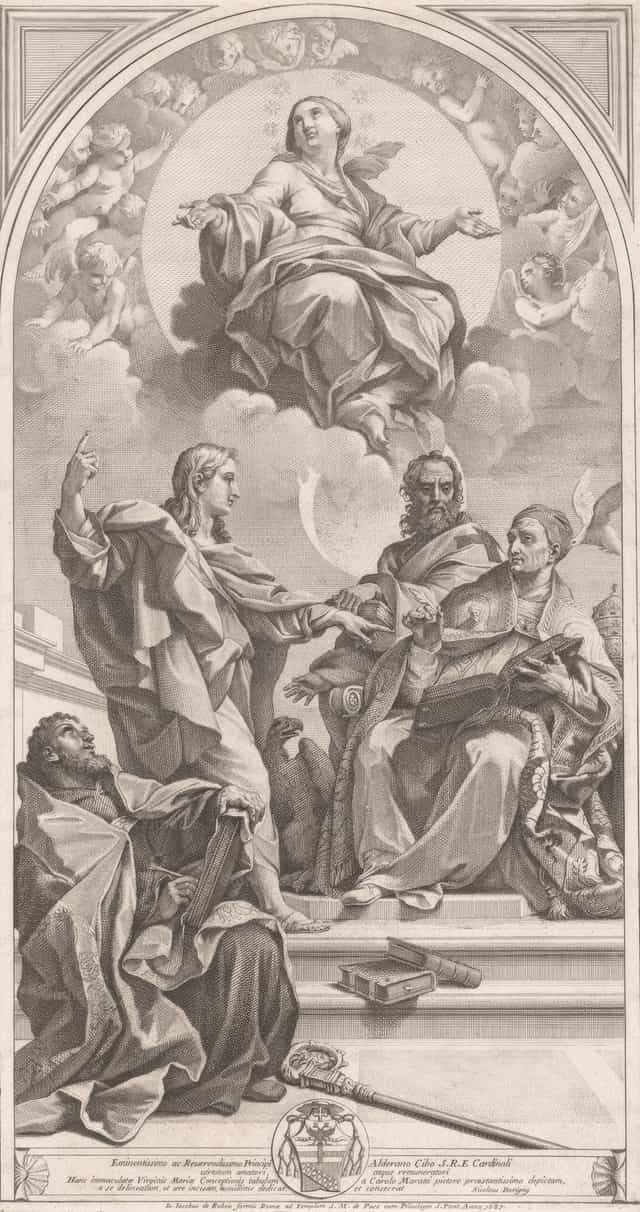 Ipinapaliwanag ni San Juan Bautista ang Doktrina ng Immaculate Conception kay San Gregorio, San Agustin at San Juan Crisóstomo - Mga Catholic stock image - Larawan ni Restored Christian Art